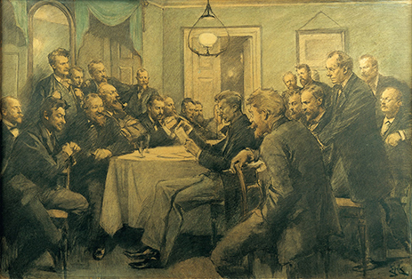 Erik Henningsen: Et møde i foreningen Bogstaveligheden 1. marts 1882. Holger Drachmann er nr. 4 fra venstre (med piben). 